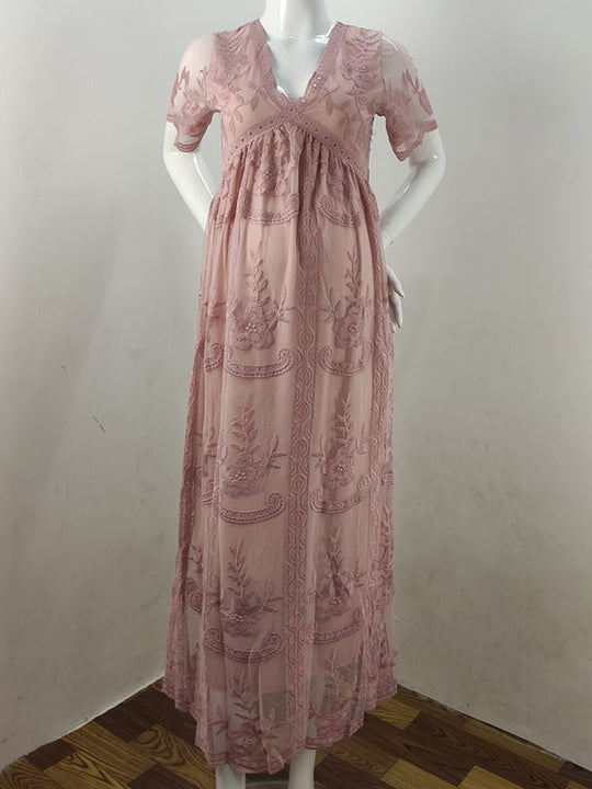 Umstandskleid, Spitze, V-Ausschnitt, kurze Ärmel, für Damen, elegant, Bohemian-Stil, für Fotoshootings