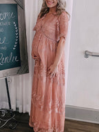 Umstandskleid, Spitze, V-Ausschnitt, kurze Ärmel, für Damen, elegant, Bohemian-Stil, für Fotoshootings