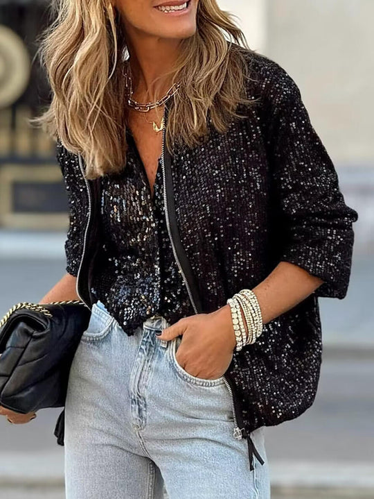 Bomberjacke mit glänzenden Pailletten, Reißverschluss, Rundhalsausschnitt, langen Ärmeln, für Damen, lässig, elegant, modisch