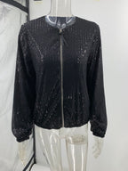 Bomberjacke mit glänzenden Pailletten, Reißverschluss, Rundhalsausschnitt, langen Ärmeln, für Damen, lässig, elegant, modisch