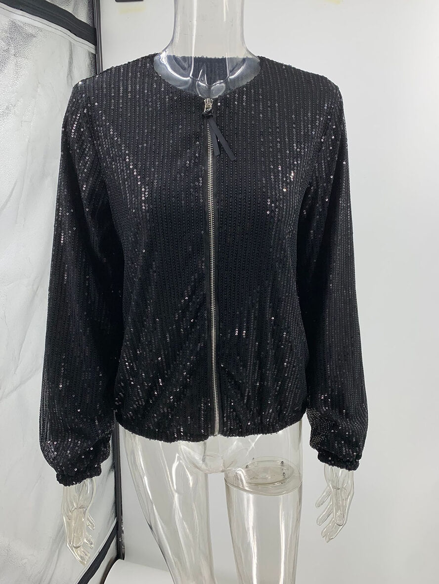 Bomberjacke mit glänzenden Pailletten, Reißverschluss, Rundhalsausschnitt, langen Ärmeln, für Damen, lässig, elegant, modisch