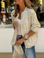 Bomberjacke mit glänzenden Pailletten, Reißverschluss, Rundhalsausschnitt, langen Ärmeln, für Damen, lässig, elegant, modisch
