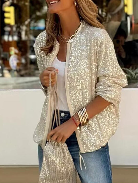 Bomberjacke mit glänzenden Pailletten, Reißverschluss, Rundhalsausschnitt, langen Ärmeln, für Damen, lässig, elegant, modisch