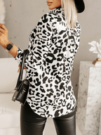 Leoparden-Kettendruck-Shirt, Brustkragen, Langarmshirt, Damen, lässige Mode, lässige Blusen-Tops