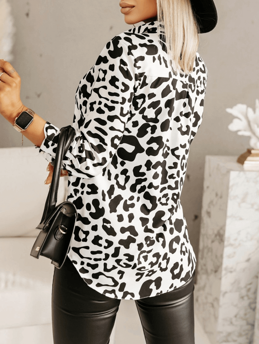 Leoparden-Kettendruck-Shirt, Brustkragen, Langarmshirt, Damen, lässige Mode, lässige Blusen-Tops