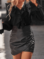 Rüschen-Button-Down-Hemd, V-Ausschnitt, Jabot-Kragen, ausgestellte Ärmel, lange Ärmel, Damen, süße, elegante Modebluse