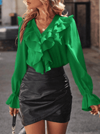 Rüschen-Button-Down-Hemd, V-Ausschnitt, Jabot-Kragen, ausgestellte Ärmel, lange Ärmel, Damen, süße, elegante Modebluse