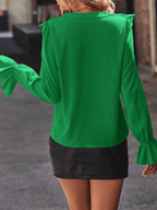 Rüschen-Button-Down-Hemd, V-Ausschnitt, Jabot-Kragen, ausgestellte Ärmel, lange Ärmel, Damen, süße, elegante Modebluse