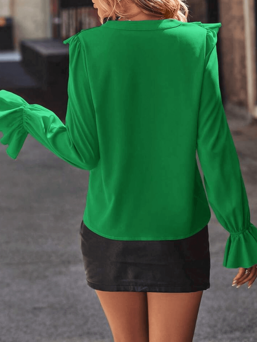Rüschen-Button-Down-Hemd, V-Ausschnitt, Jabot-Kragen, ausgestellte Ärmel, lange Ärmel, Damen, süße, elegante Modebluse