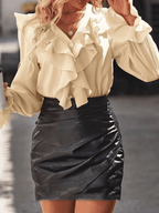 Rüschen-Button-Down-Hemd, V-Ausschnitt, Jabot-Kragen, ausgestellte Ärmel, lange Ärmel, Damen, süße, elegante Modebluse