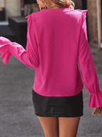 Rüschen-Button-Down-Hemd, V-Ausschnitt, Jabot-Kragen, ausgestellte Ärmel, lange Ärmel, Damen, süße, elegante Modebluse