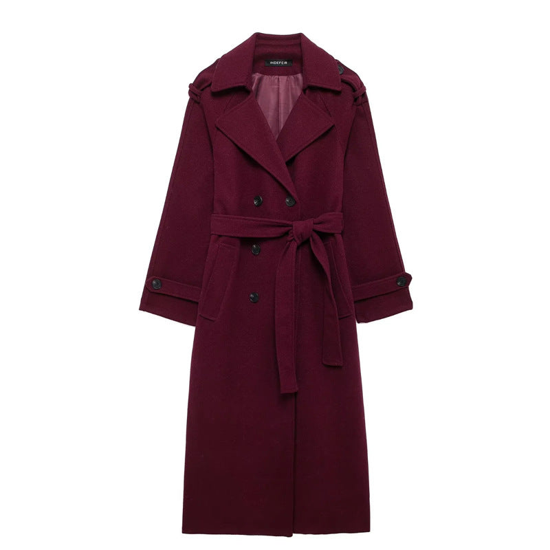 R&B | Damen Lange Winterjacke mit Gürtel und Doppelter Knopfverschlus