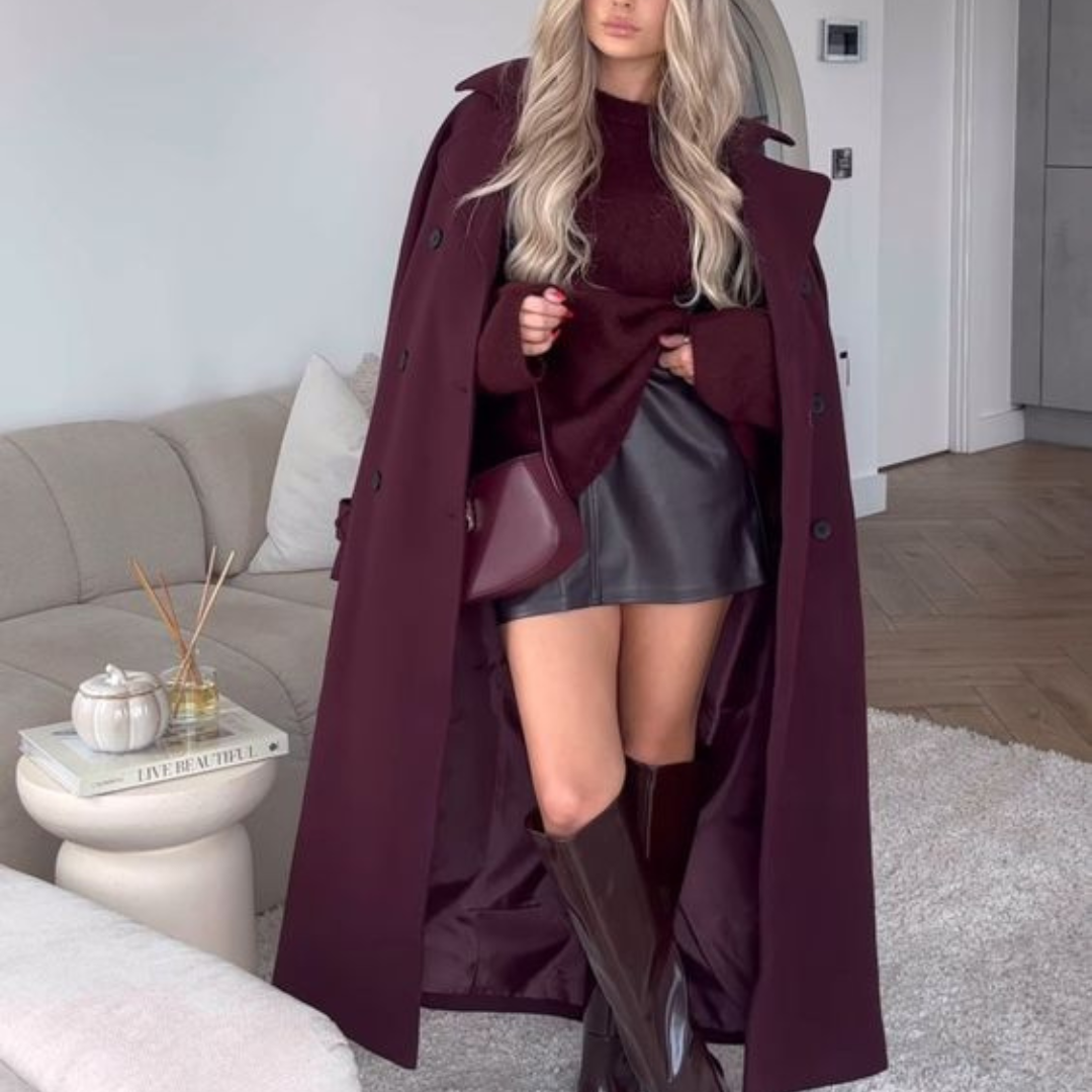 R&B | Damen Lange Winterjacke mit Gürtel und Doppelter Knopfverschlus