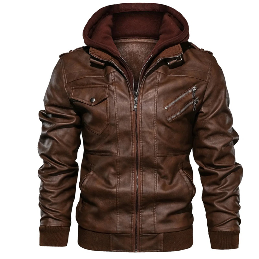 R&B | Herren Lederjacke - Biker-Stil mit doppellagiger Kapuze