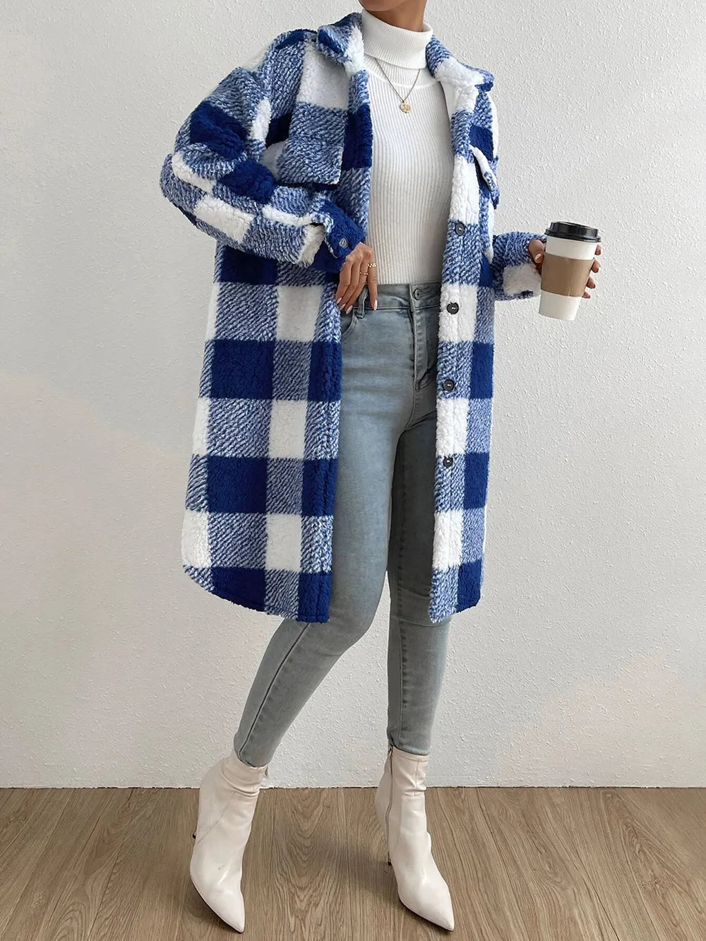 R&B | Gemütlicher Damen Teddy Fleece Mantel Langes Karomuster für Den Winter