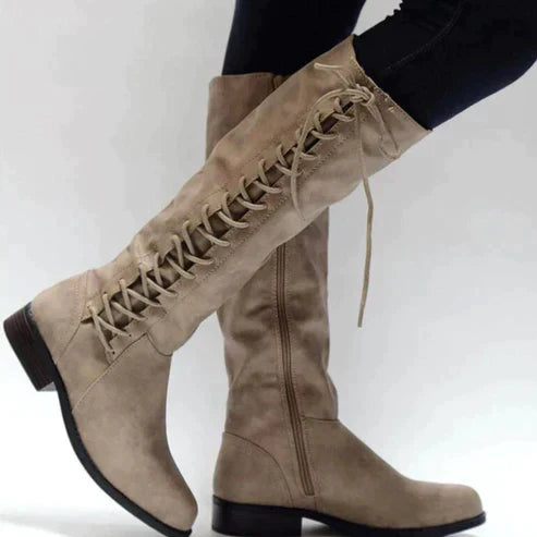 R&B | Knielange Stiefel Schmaler Schnitt Schnürung Vorne Seitenreißverschluss Flache Sohle