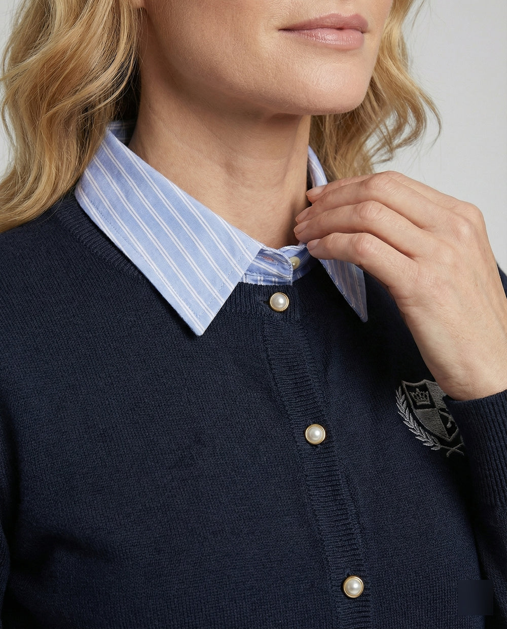 Damen Strickjacke Navy Blau College Stil Fake-Zweiteiler Kurzes Oberteil