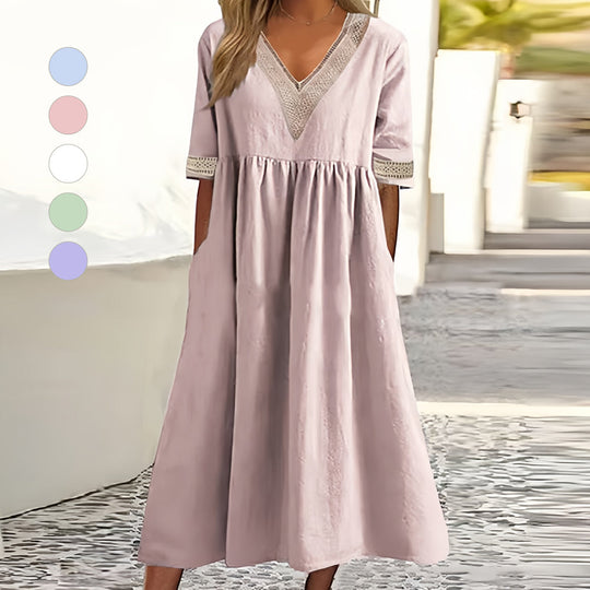 R&B | A-Linien-Midi-Sommerkleid mit V-Ausschnitt und Kurzen Ärmeln für Damen