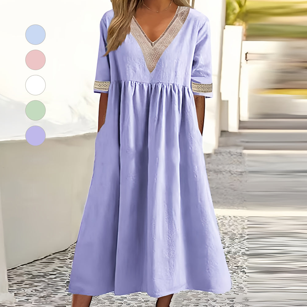R&B | A-Linien-Midi-Sommerkleid mit V-Ausschnitt und Kurzen Ärmeln für Damen