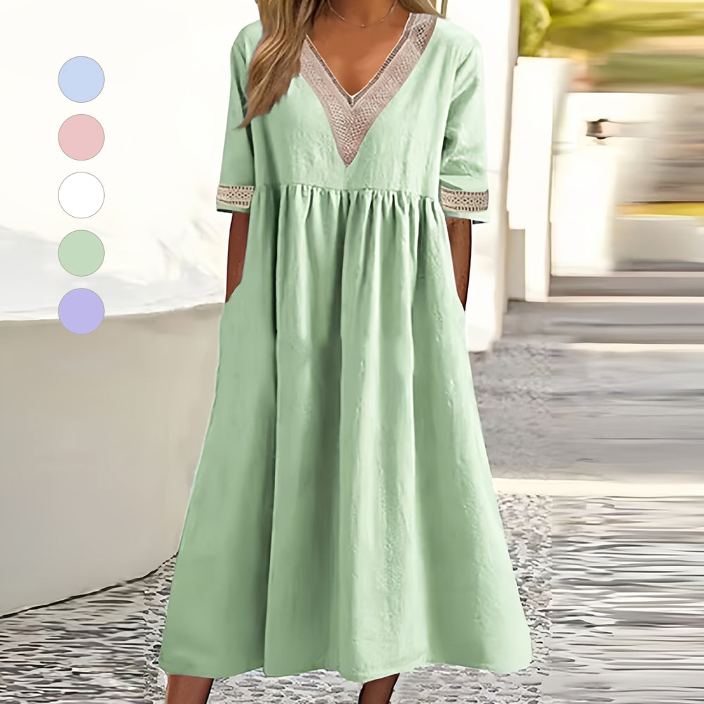 R&B | A-Linien-Midi-Sommerkleid mit V-Ausschnitt und Kurzen Ärmeln für Damen