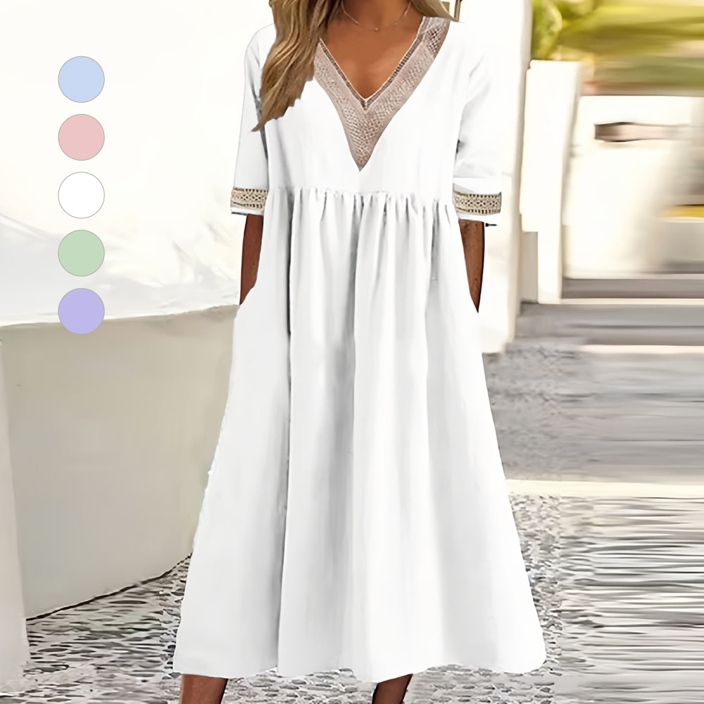 R&B | A-Linien-Midi-Sommerkleid mit V-Ausschnitt und Kurzen Ärmeln für Damen