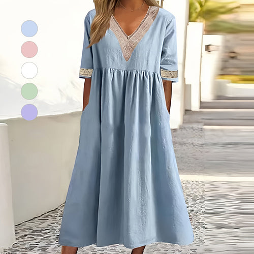 R&B | A-Linien-Midi-Sommerkleid mit V-Ausschnitt und Kurzen Ärmeln für Damen