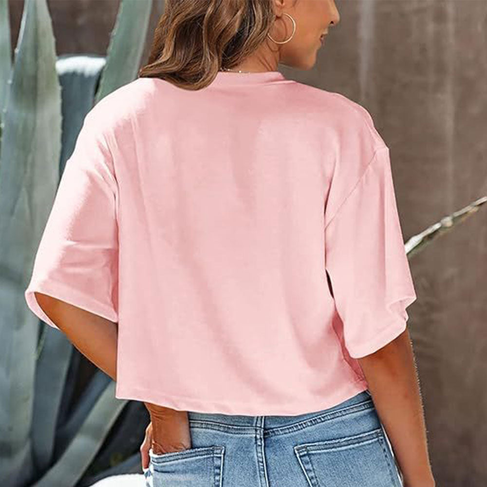 R&B | Lässiges, Einfarbiges, Kurzes T-Shirt mit Rundhalsausschnitt für Damen