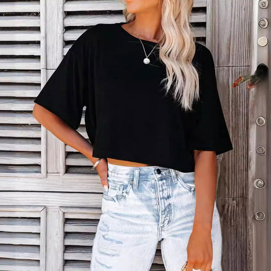 R&B | Lässiges, Einfarbiges, Kurzes T-Shirt mit Rundhalsausschnitt für Damen