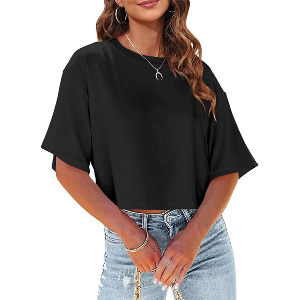 R&B | Lässiges, Einfarbiges, Kurzes T-Shirt mit Rundhalsausschnitt für Damen