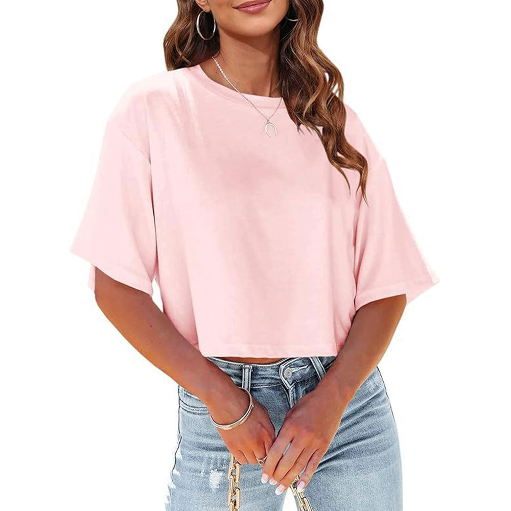 R&B | Lässiges, Einfarbiges, Kurzes T-Shirt mit Rundhalsausschnitt für Damen