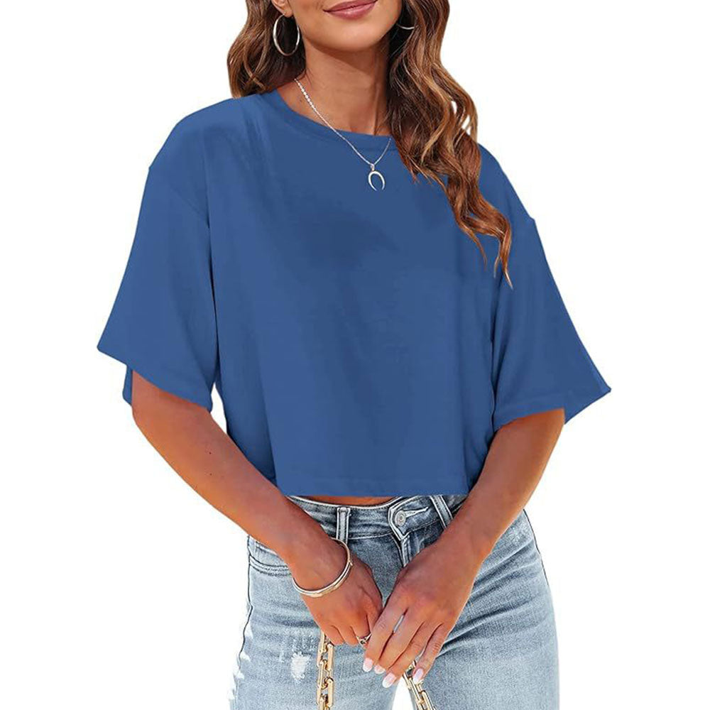 R&B | Lässiges, Einfarbiges, Kurzes T-Shirt mit Rundhalsausschnitt für Damen