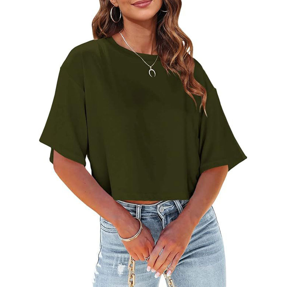 R&B | Lässiges, Einfarbiges, Kurzes T-Shirt mit Rundhalsausschnitt für Damen