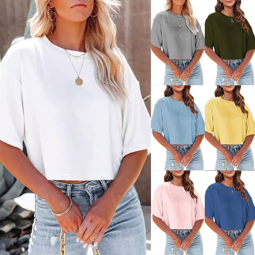 R&B | Lässiges, Einfarbiges, Kurzes T-Shirt mit Rundhalsausschnitt für Damen