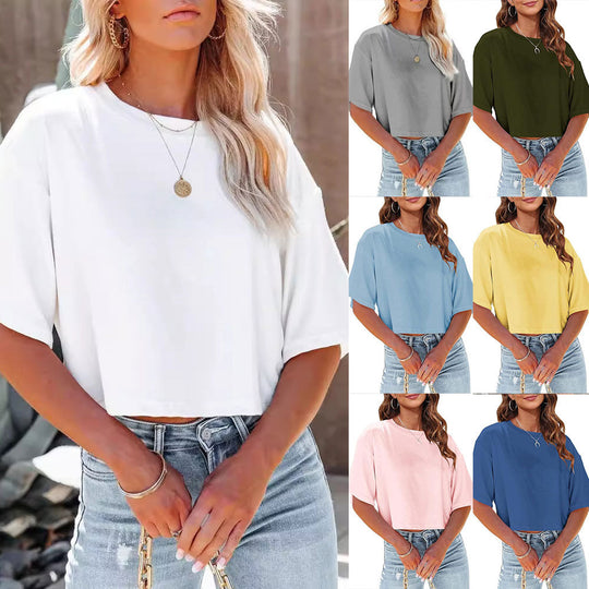 R&B | Lässiges, Einfarbiges, Kurzes T-Shirt mit Rundhalsausschnitt für Damen