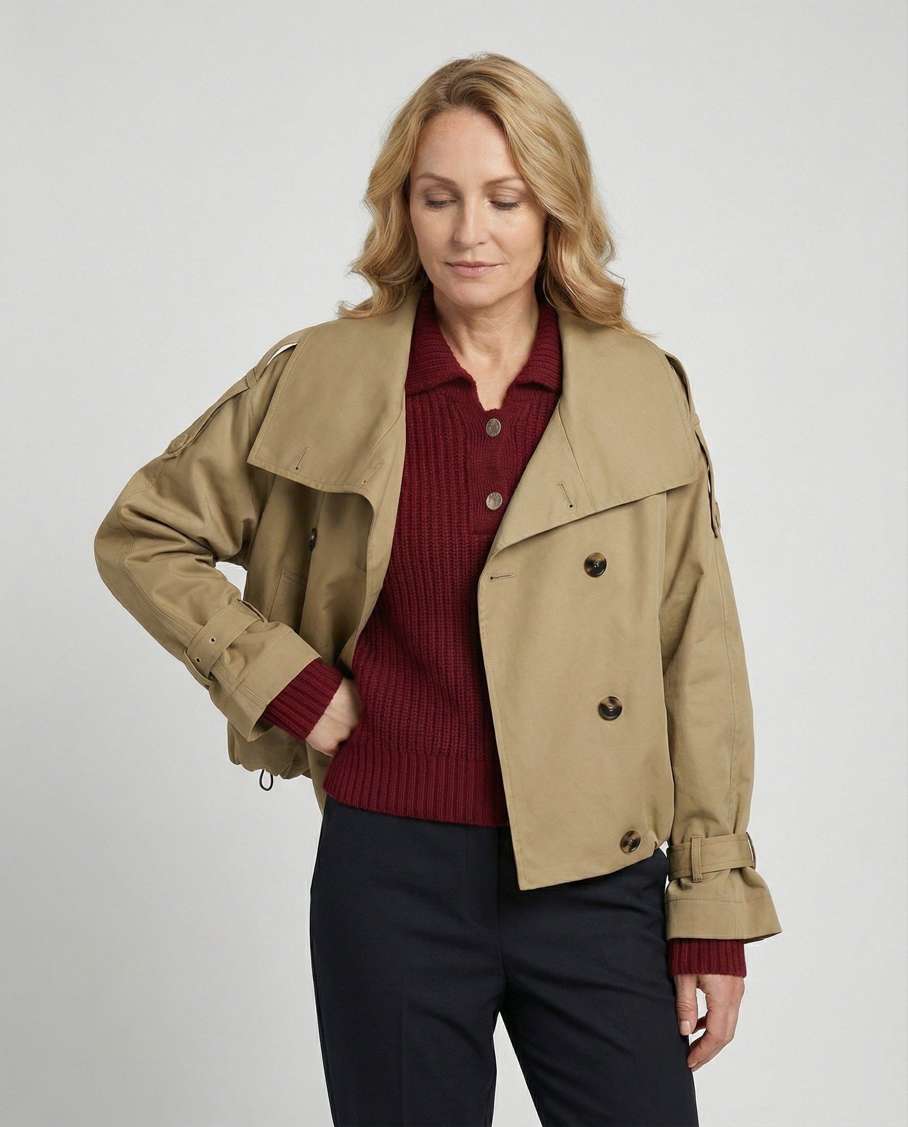 Damen Kurz-Trenchcoat Oversize Doppelreiher Herbstjacke in Beige und Khaki