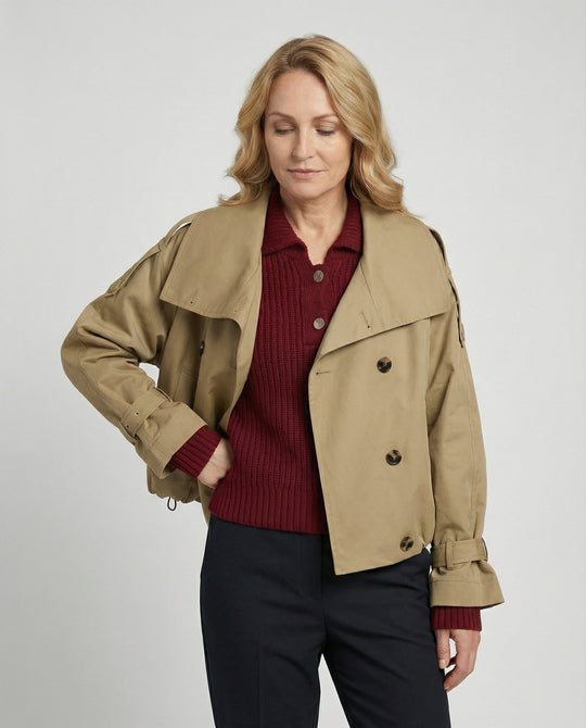 Damen Kurz-Trenchcoat Oversize Doppelreiher Herbstjacke in Beige und Khaki