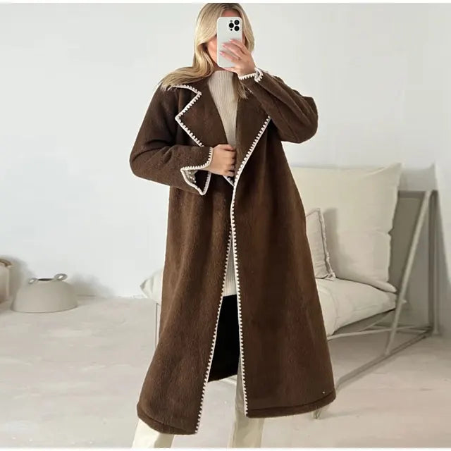 R&B | Elegante Lange Jacke mit Kontrastnähten Wollmischung Luxuriös, Bequem