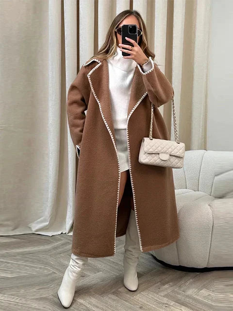 R&B | Elegante Lange Jacke mit Kontrastnähten Wollmischung Luxuriös, Bequem