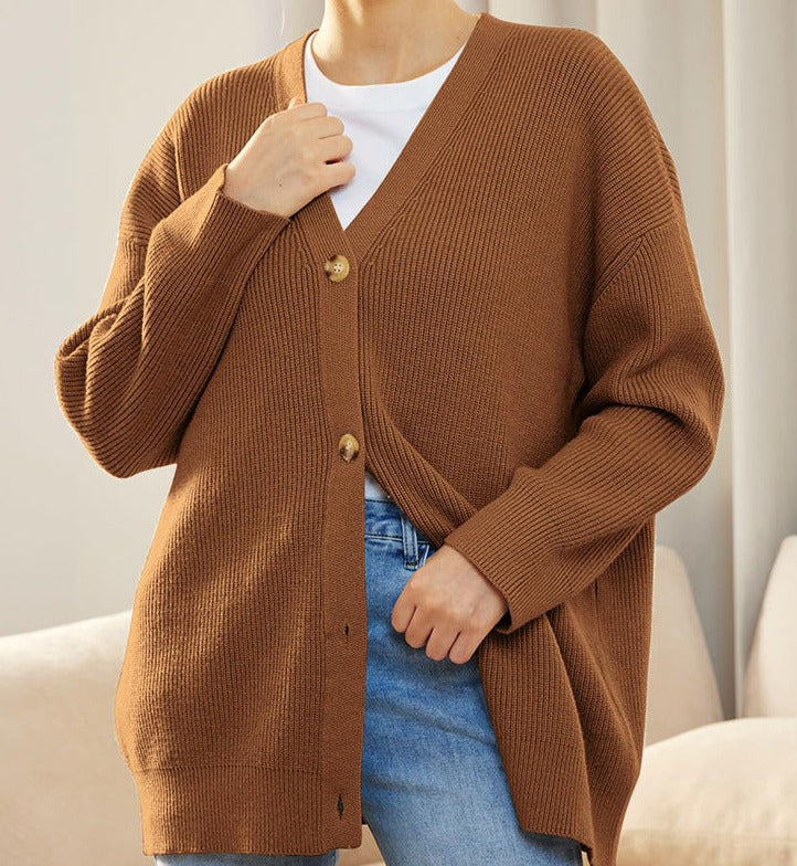 R&B | Cardigan - Damen Herbst Oversized Knopf-Cardigan mit Rippstrick