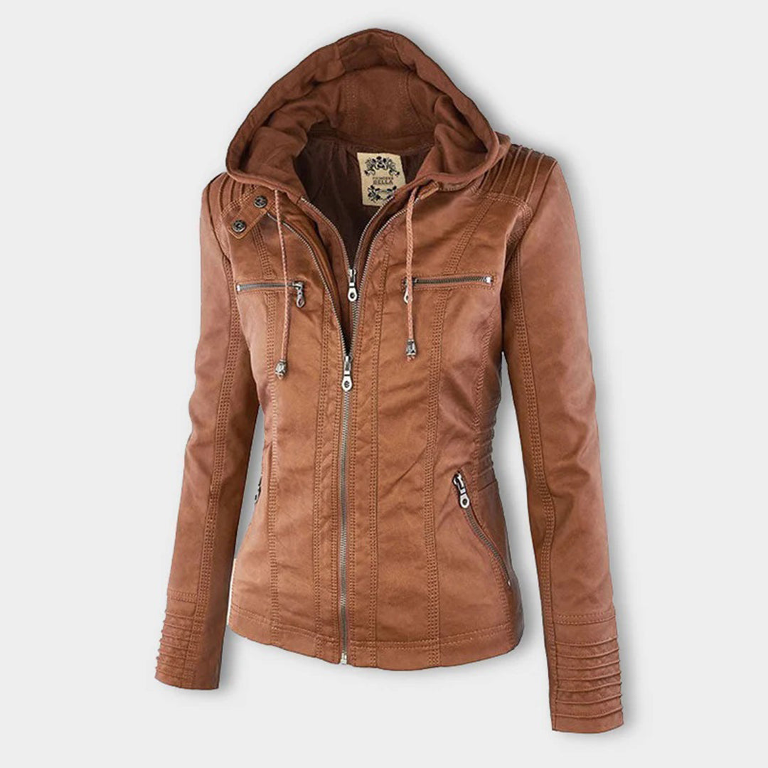 Wetterfester Damen Faux Lederjacke mit Kapuze