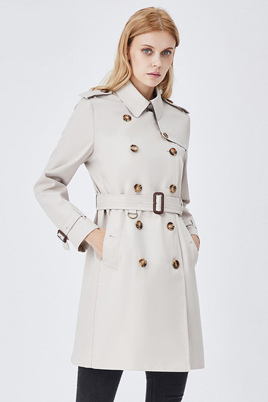 R&B | Damen Langer Slim Fit Trenchcoat mit Gürtel und Doppelreihigen Knöpfen
