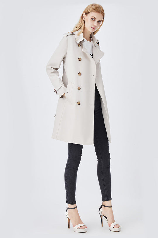 R&B | Damen Langer Slim Fit Trenchcoat mit Gürtel und Doppelreihigen Knöpfen