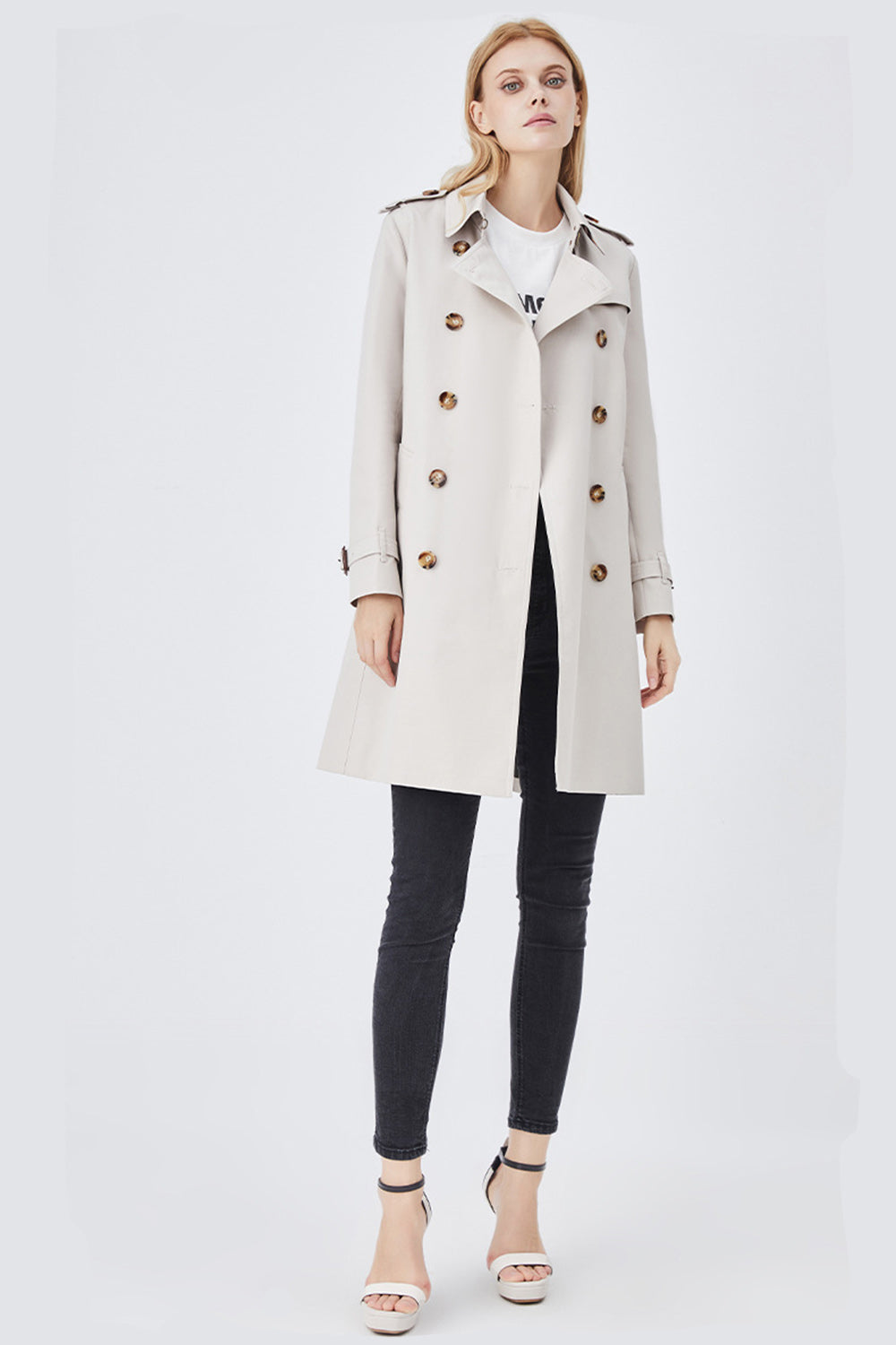 R&B | Damen Langer Slim Fit Trenchcoat mit Gürtel und Doppelreihigen Knöpfen