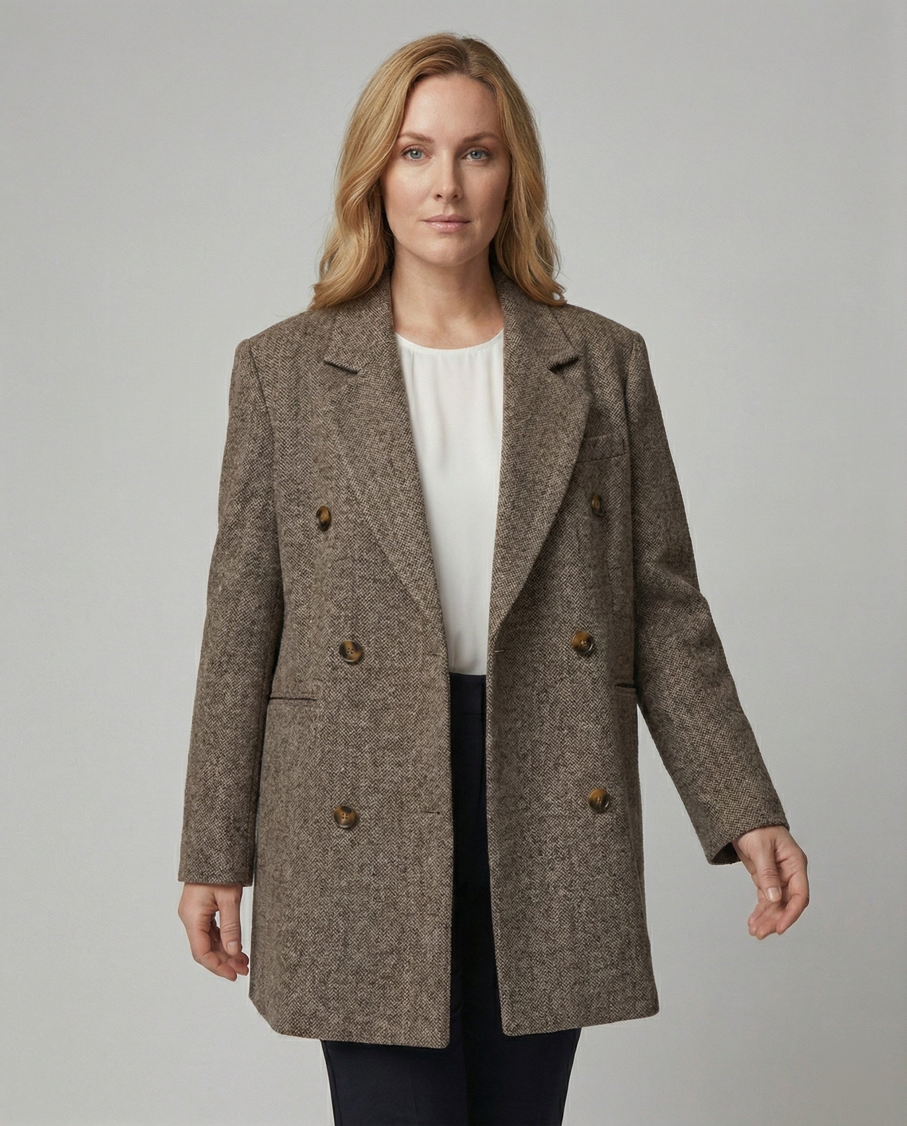 Klassischer Damen Wollmix Blazer Britischer Stil Braun Lockerer Schnitt Herbst