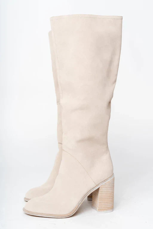 Knielange Stiefel | Hellbeige | Blockabsatz | Stiefel mit Absatz | Damenstiefel R&B
