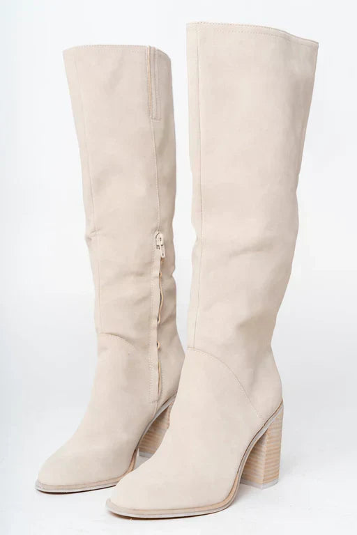 Knielange Stiefel | Hellbeige | Blockabsatz | Stiefel mit Absatz | Damenstiefel R&B