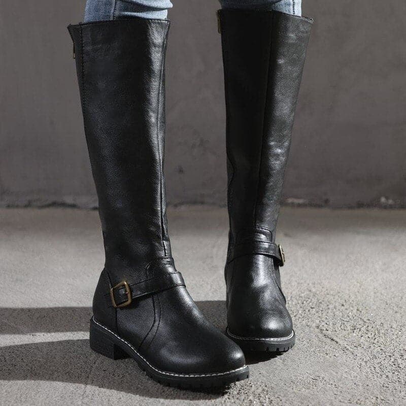 Kniefestausschuhe - Flache Lederstiefel für Damen mit weitem Schaft für den Winter R&B