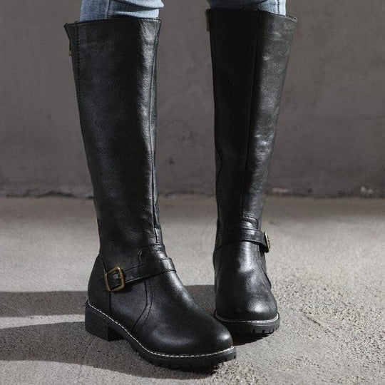 Kniefestausschuhe - Flache Lederstiefel für Damen mit weitem Schaft für den Winter R&B