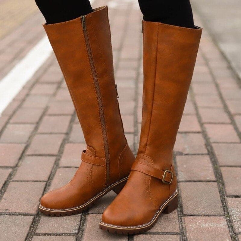 Kniefestausschuhe - Flache Lederstiefel für Damen mit weitem Schaft für den Winter R&B