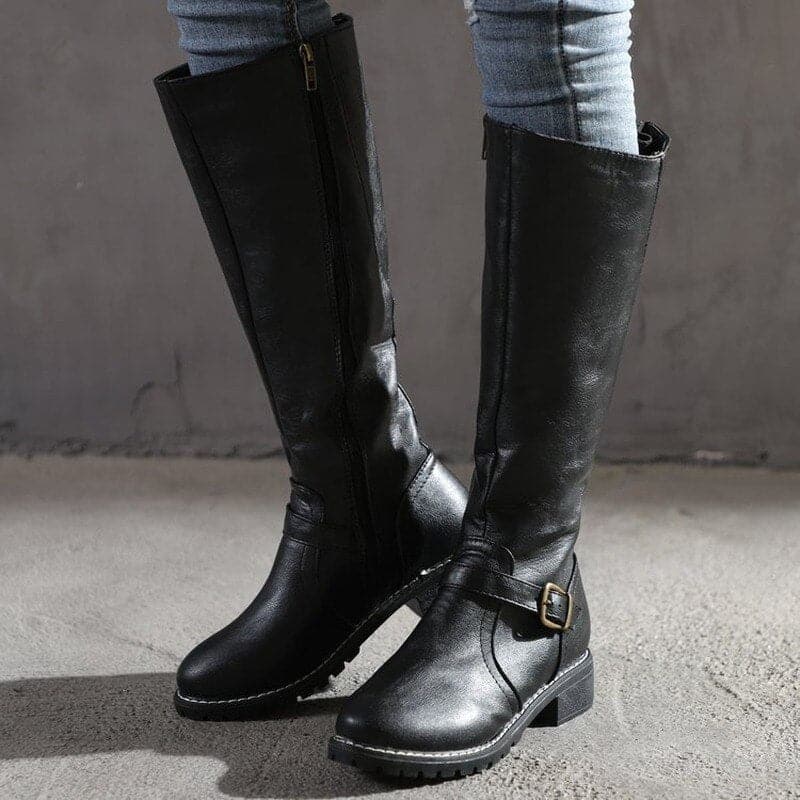 Kniefestausschuhe - Flache Lederstiefel für Damen mit weitem Schaft für den Winter R&B